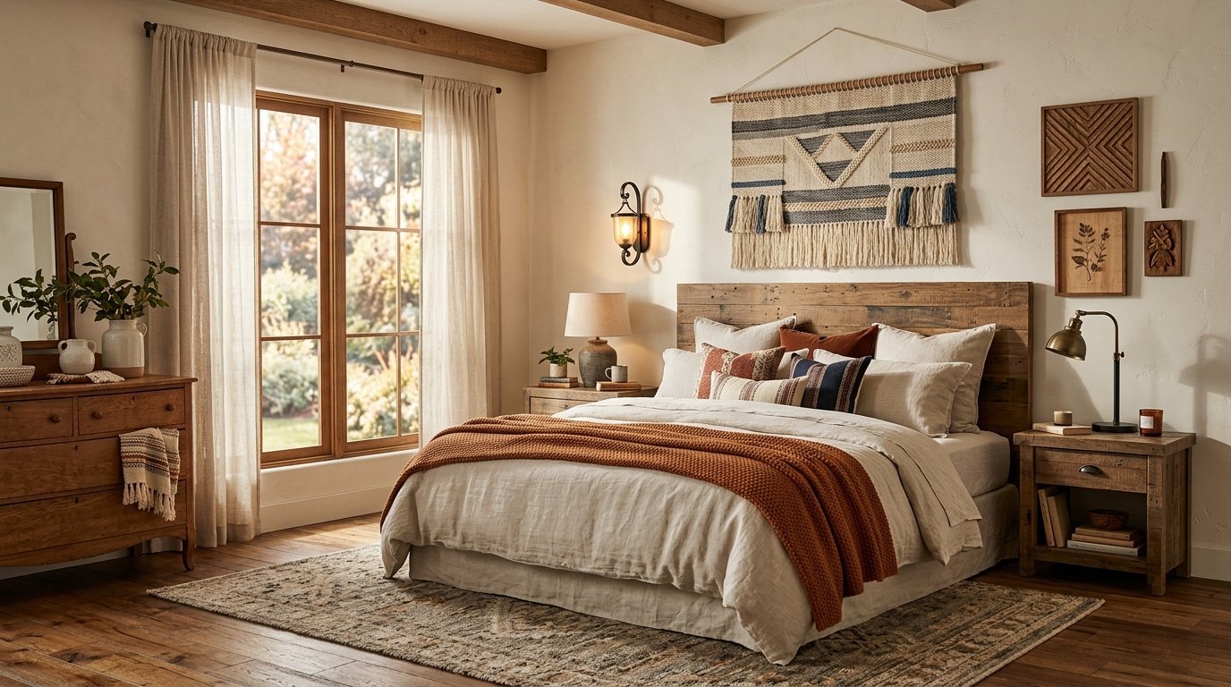 A rustic bedroom featuring a woven tapestry above a wooden headboard, layered linens, and natural earthy tones.