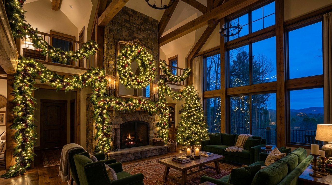 Stone fireplace mantle draped in illuminated evergreen garlands with a matching wreath in a tall timber frame home.