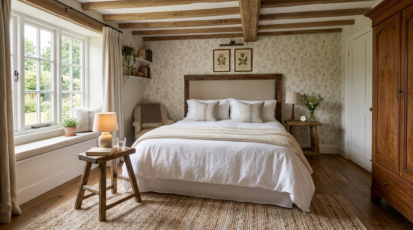 A rustic cottage bedroom featuring a double bed, wooden beams, a jute rug, and a natural linen-covered headboard.