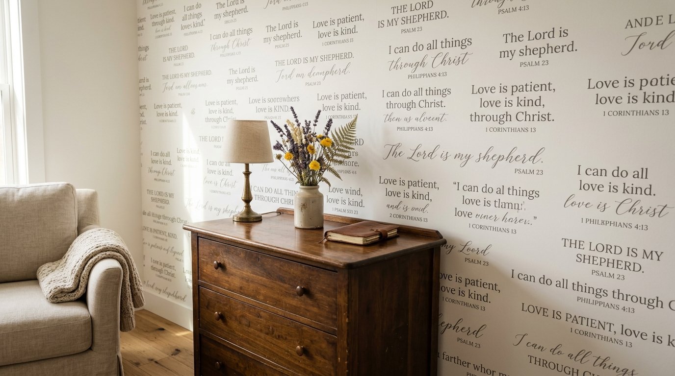 A rustic wooden chest of drawers featuring a small lamp and flowers sits before a wall covered in bible verse text.