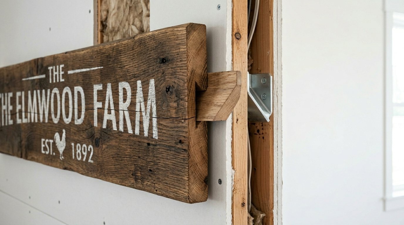A rustic weathered wooden sign labeled The Elmwood Farm attached to an unfinished wall stud with metal hardware.
