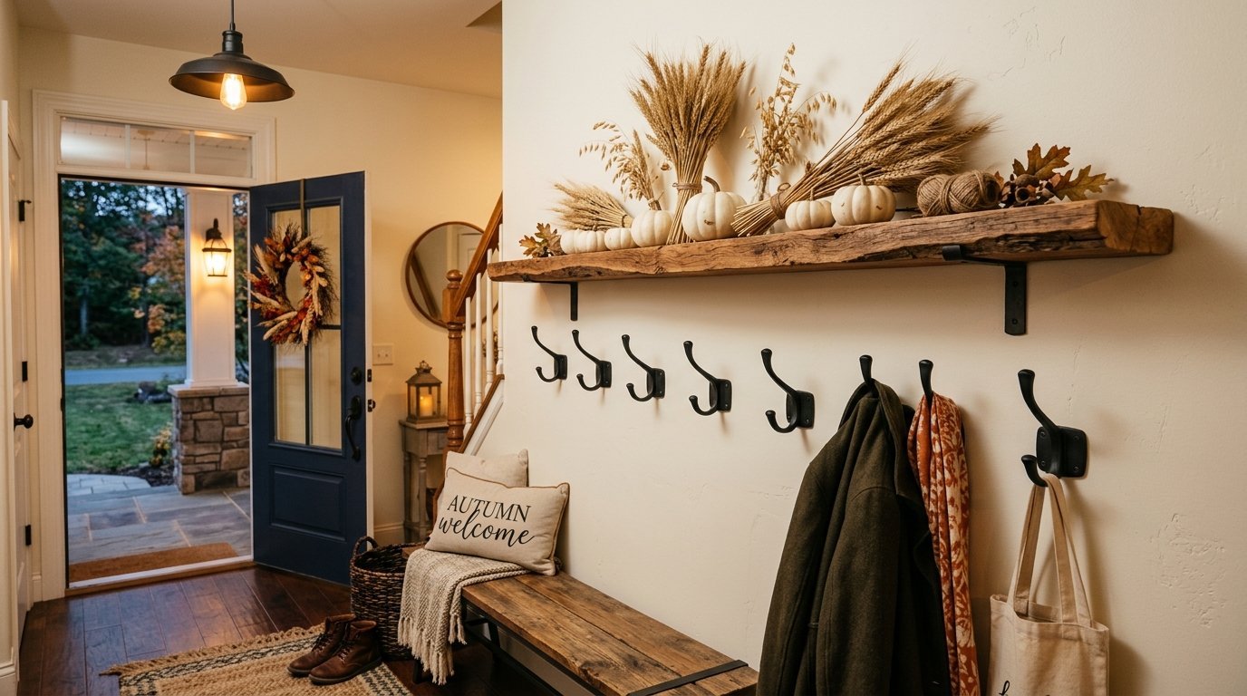 Entryway mudroom featuring a raw-edge wood shelf styled with white mini pumpkins, wheat stalks, and coat hooks.