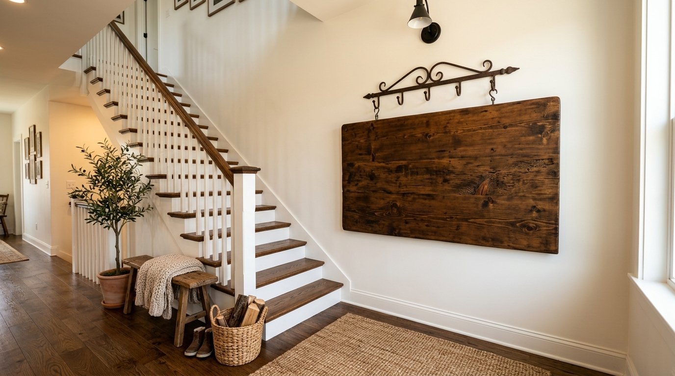 A rustic wooden board mounted on a white wall above a staircase in a bright home entryway.