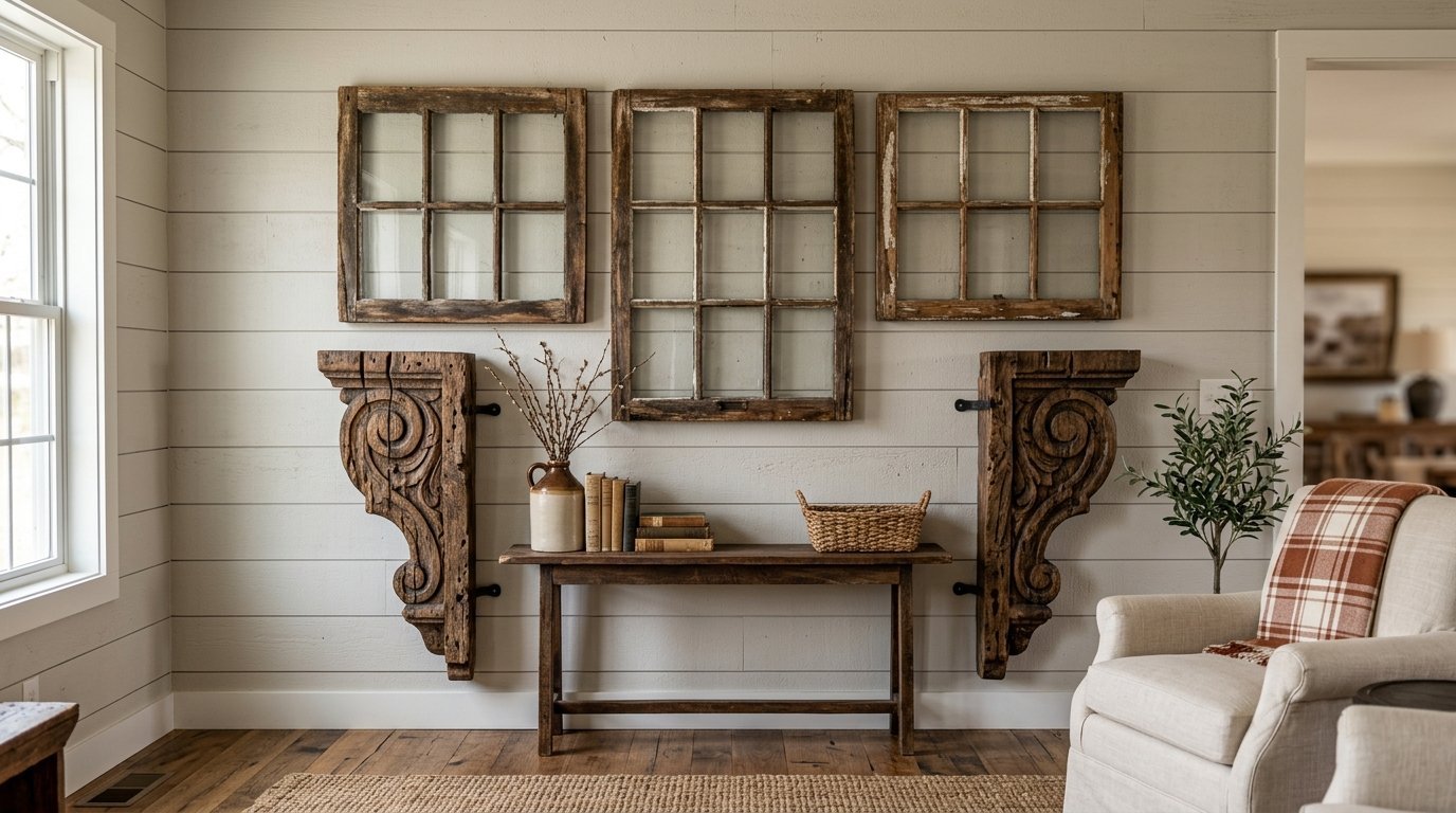 Farmhouse interior with three antique windows and large carved wood corbels flanking a wooden console table.