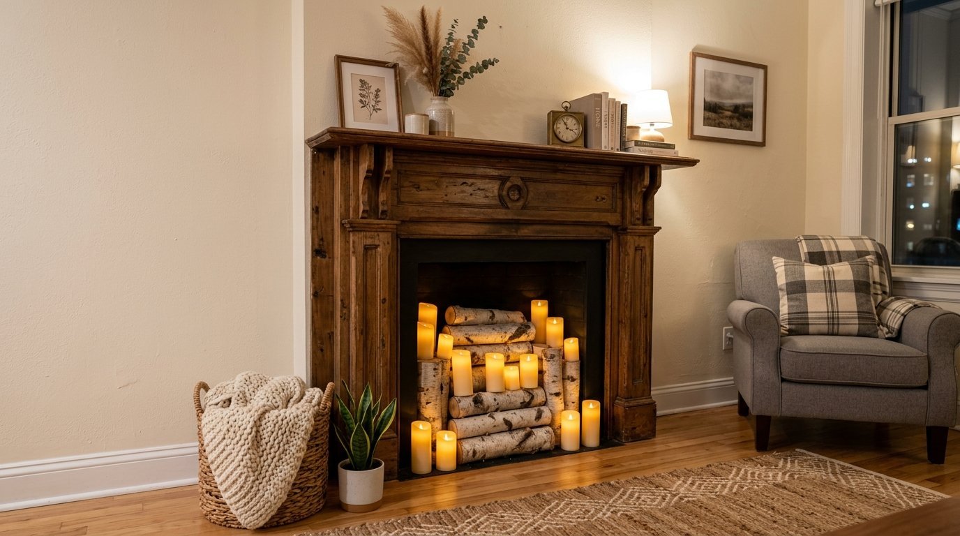 Vintage wood fireplace hearth filled with birch logs and lit electric pillar candles next to a grey armchair.