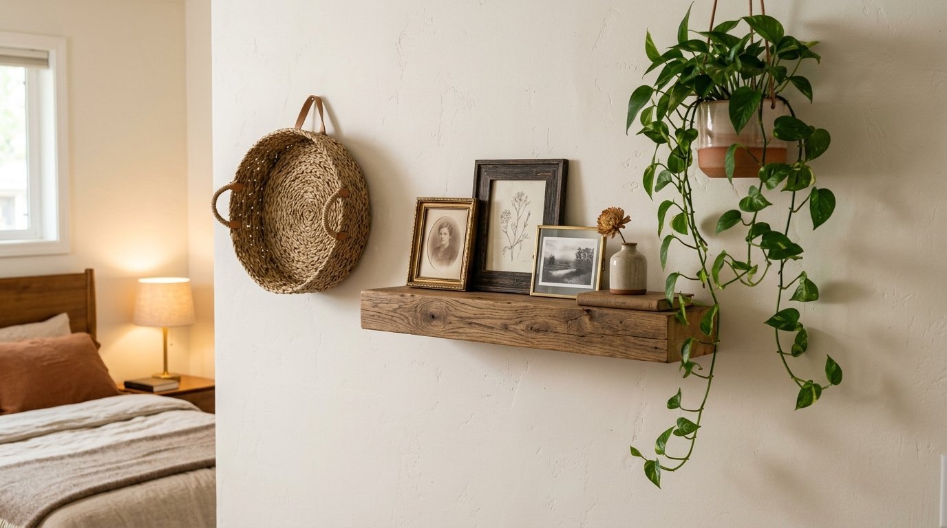 A wooden shelf on a wall holding picture frames, a small vase, and a hanging pothos plant next to a wicker tray.