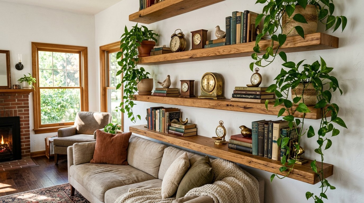 Three tiered wooden shelves above a beige couch containing books, trailing pothos plants, and antique table clocks.