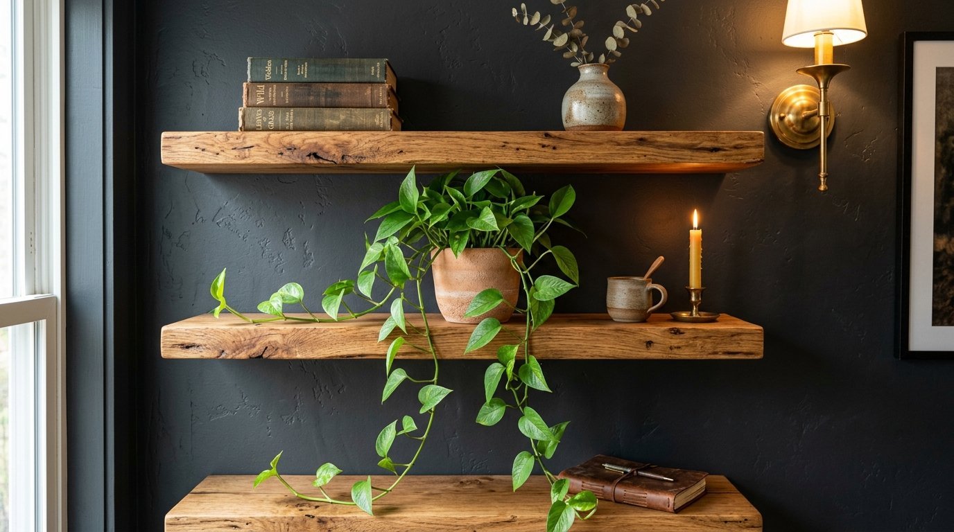 Three floating oak shelves on a dark wall holding a potted plant, vintage books, a candle, and a ceramic mug.