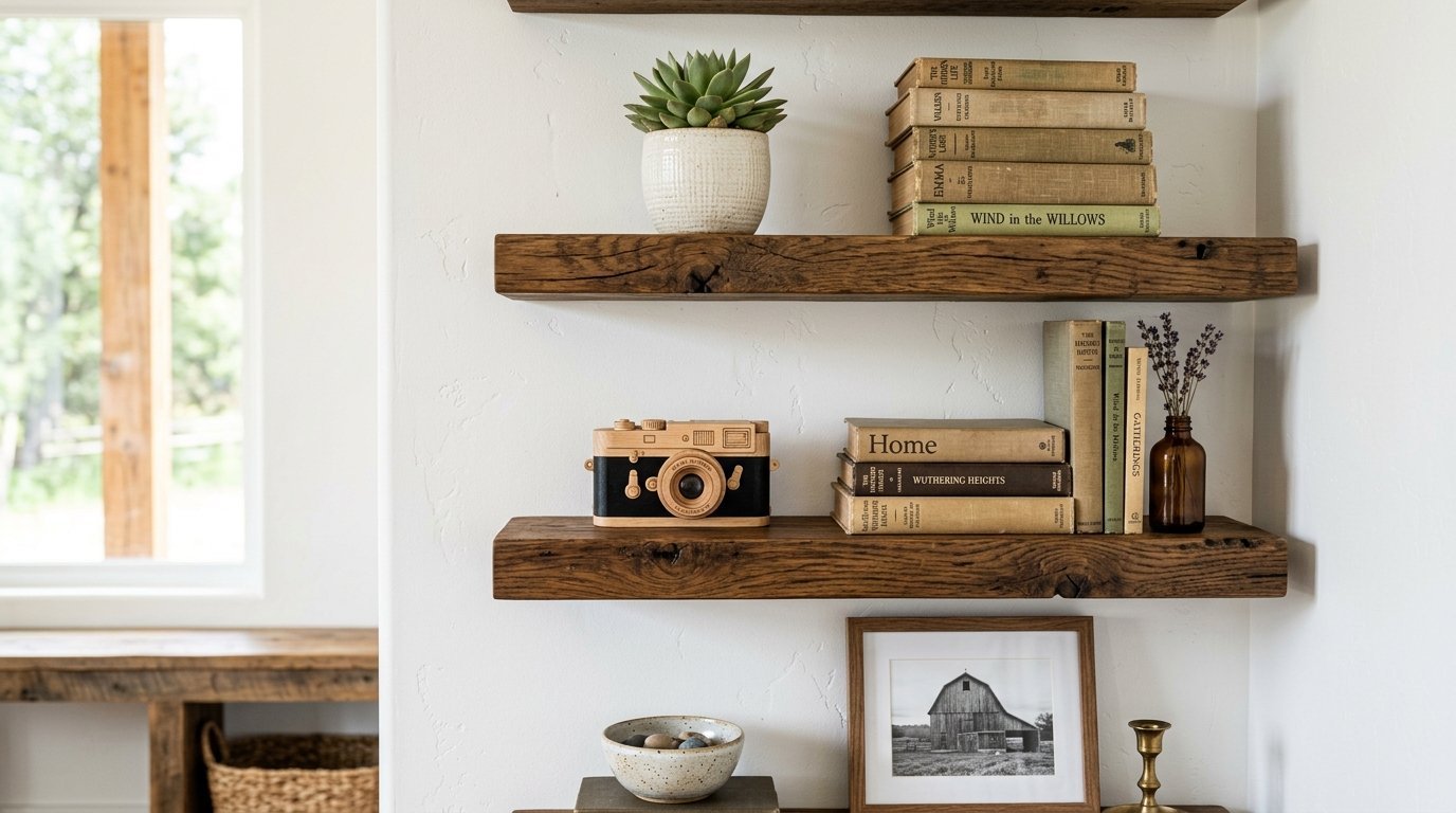 Floating shelves featuring antique books, a wooden toy camera, and a framed barn photo.