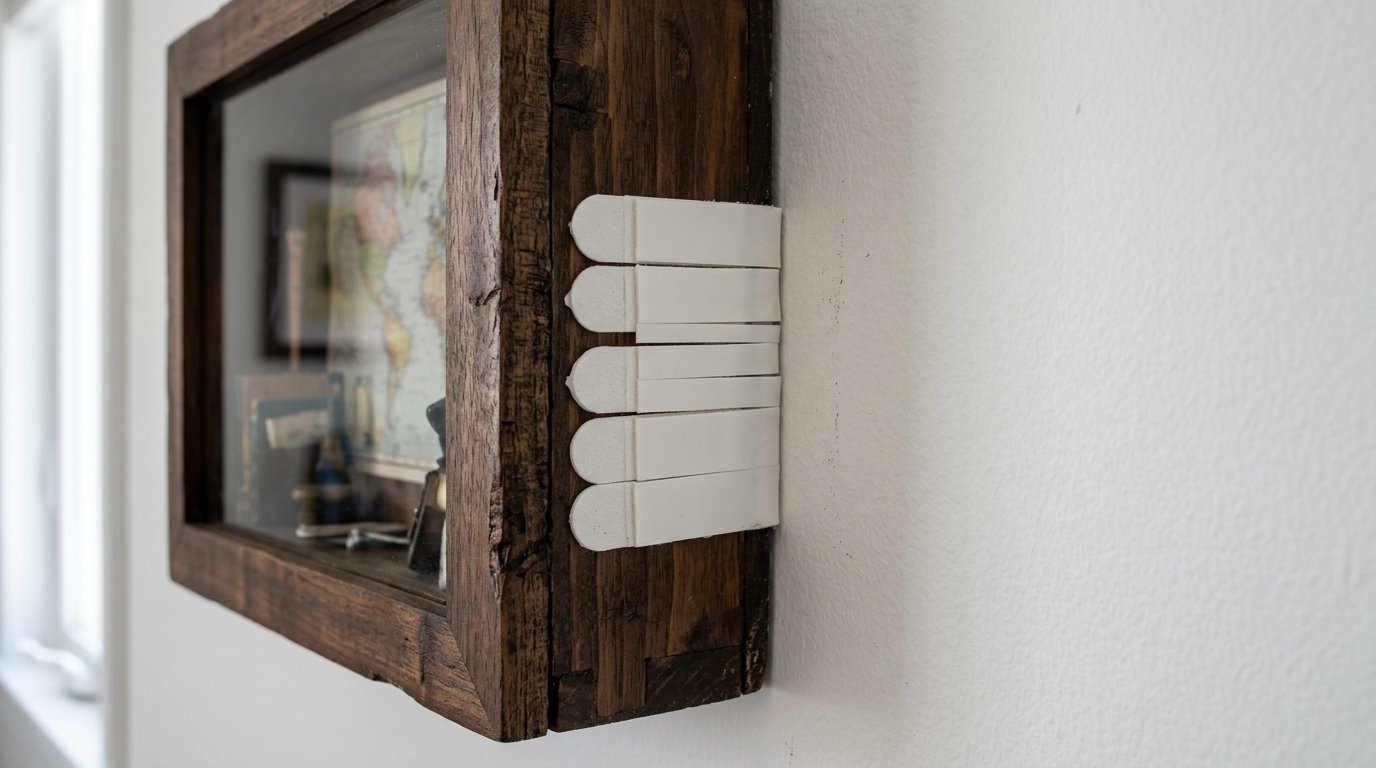 Close-up view of five white command strips holding a wooden display case to a plain white wall.