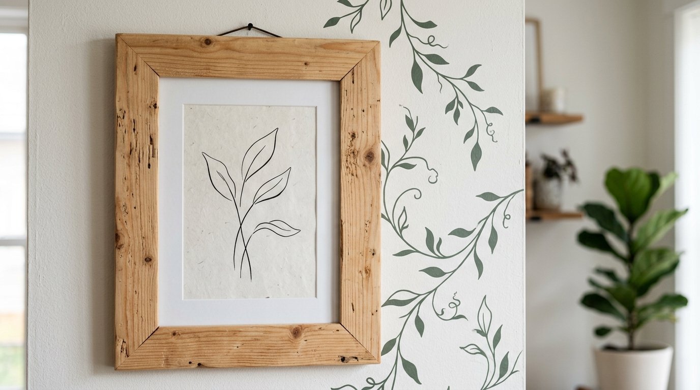 A rustic wood frame holding a simple botanical line art sketch against a wall with sage green vine decals.