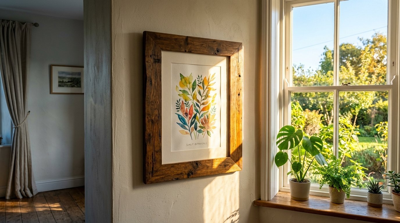 A framed watercolor painting of colorful leaves hanging on a beige wall next to a sunny window with small potted plants.