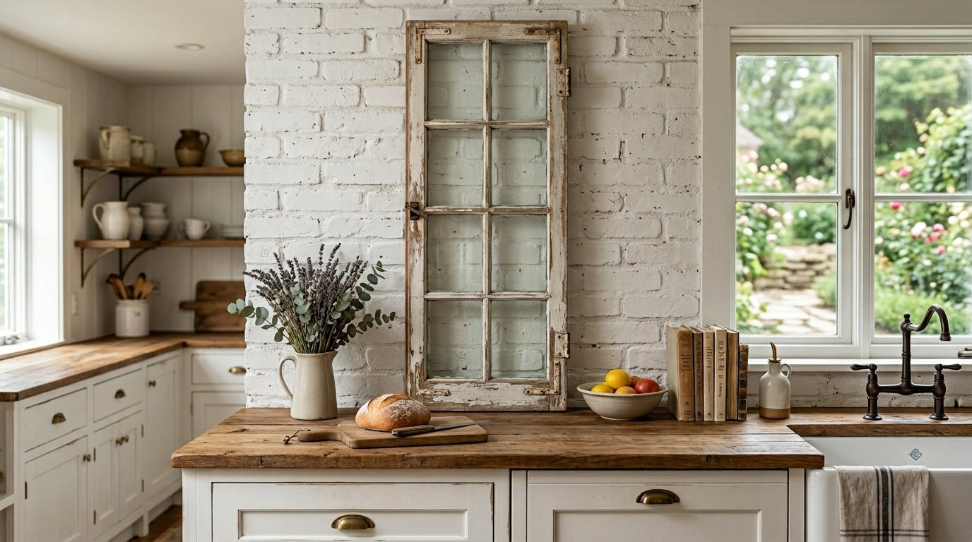 Farmhouse kitchen counter featuring a rustic wooden window frame, a loaf of bread, and a vase of lavender.