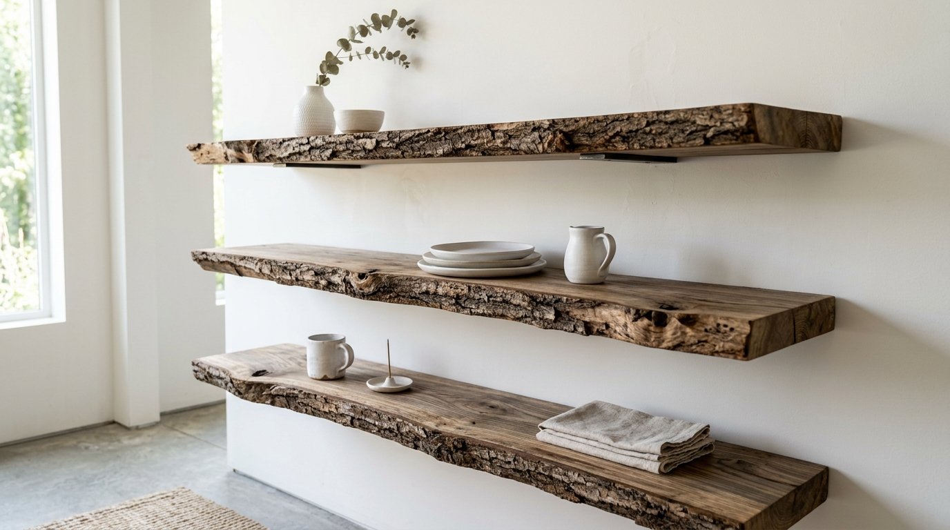 Floating shelves made of raw timber planks featuring bark edges mounted on a clean white wall with simple dishware.