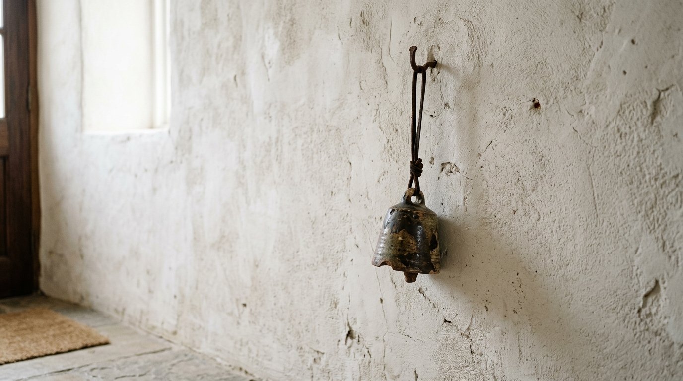 Close up of an old, oxidized metal bell suspended from a simple iron hook on a white rustic wall.
