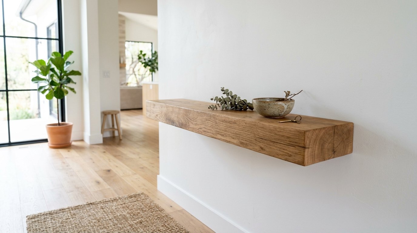 A thick natural oak beam shelf mounted on a white wall with a decorative bowl and dry stems.