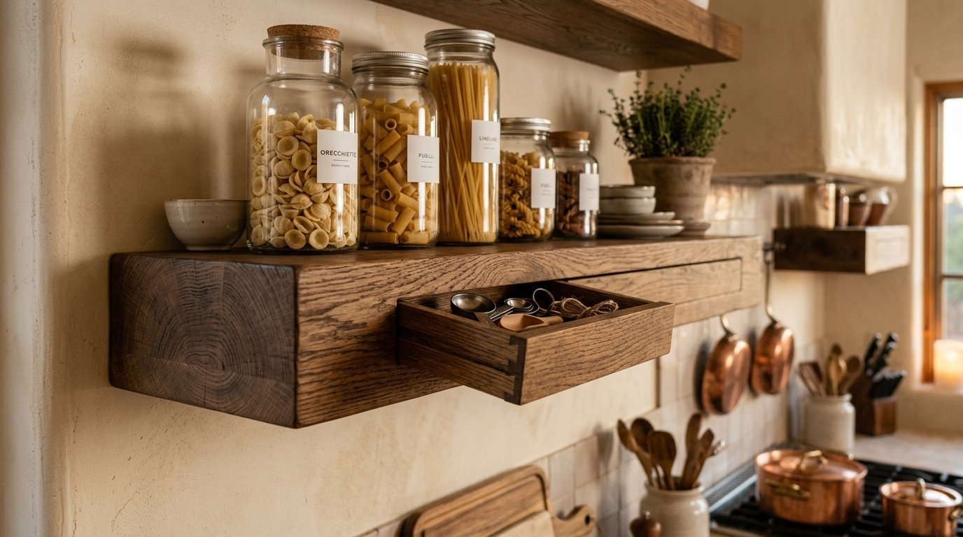 A live-edge wooden shelf with a pull-out drawer, holding pasta jars and a small potted plant in a cozy kitchen.