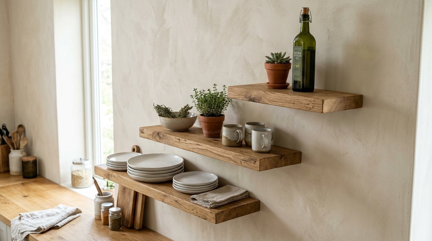 Floating timber shelves holding stacks of dinnerware, herbs in terracotta pots, and an olive oil bottle.