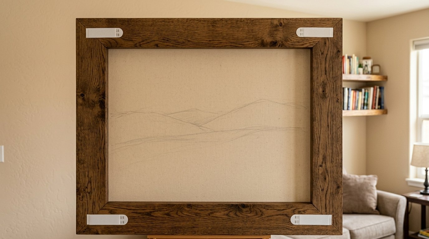 Close up of an unfinished pencil drawing of rolling hills inside a dark wood picture frame.