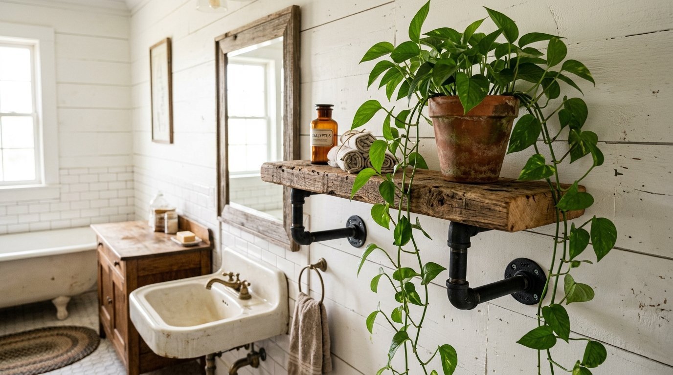 Pothos plant in a terracotta pot sits on a wooden shelf mounted with industrial black plumbing pipes in a farmhouse bath.