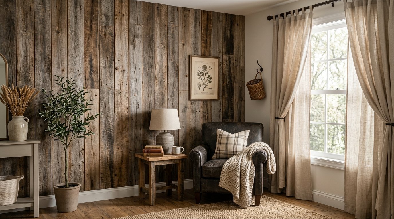 A dark leather chair with a plaid pillow and blanket sits beside a wooden wall with rustic vertical paneling.