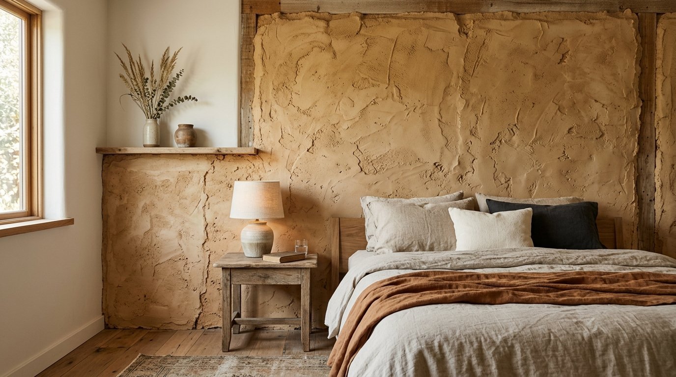 Modern rustic bedroom with a textured terracotta wall, wooden nightstand, and linen bedding.