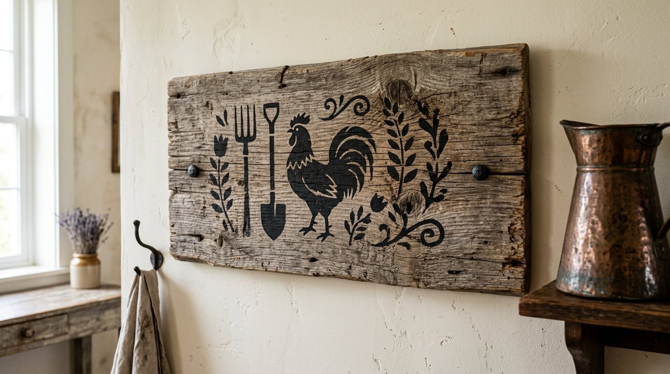 A rustic wooden board with a stenciled rooster, spade, and pitchfork hanging on a beige wall.