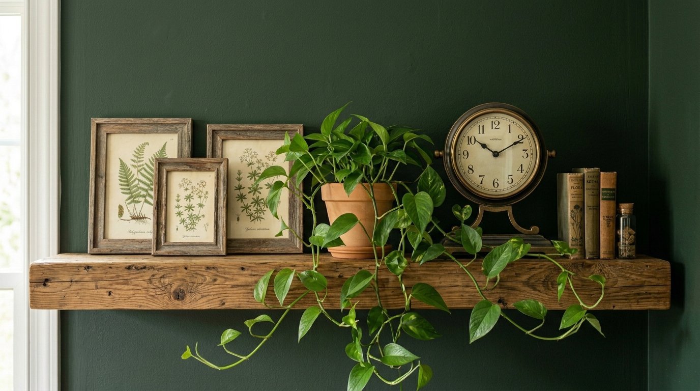 A rustic wooden shelf against a deep green wall holds potted ivy, framed plant illustrations, and antique books.