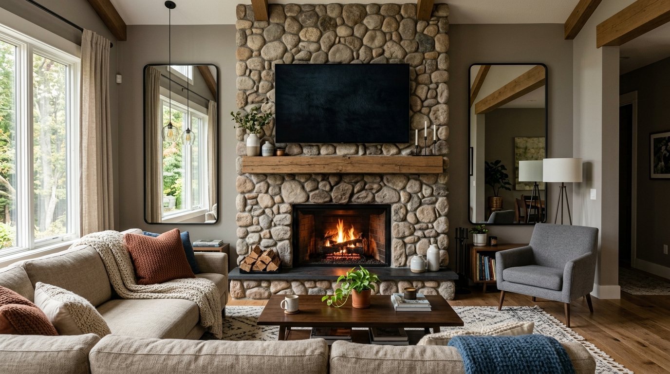 A beige sectional sofa faces a floor-to-ceiling stone fireplace with a wooden mantel and wall-mounted television.