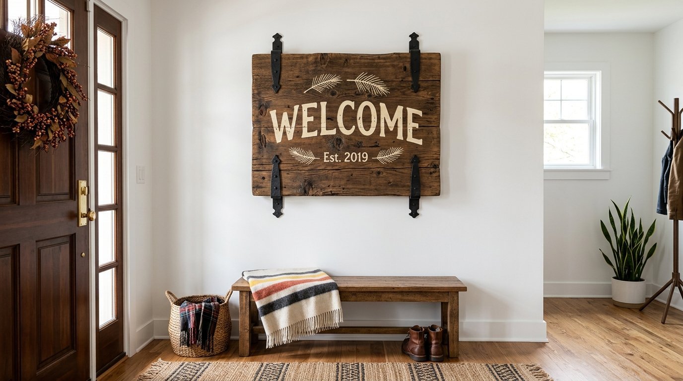 A decorative wooden Welcome sign with iron hardware mounted on a white wall above a wooden entryway bench.