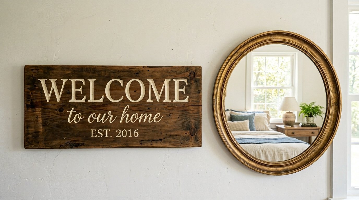 A wooden sign reading Welcome to our home Est. 2016 mounted on a wall next to a circular brass-framed mirror.