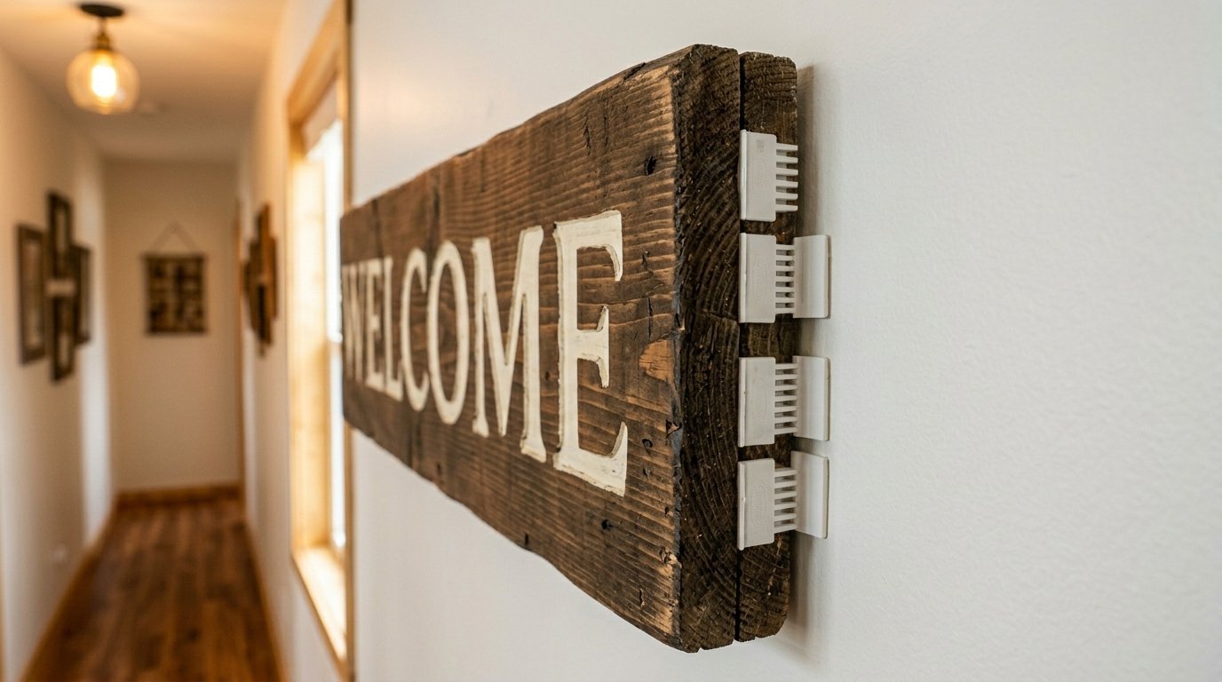 Close up of a weathered wooden plank sign displaying welcome, secured to a white hallway wall with plastic adhesive clips.