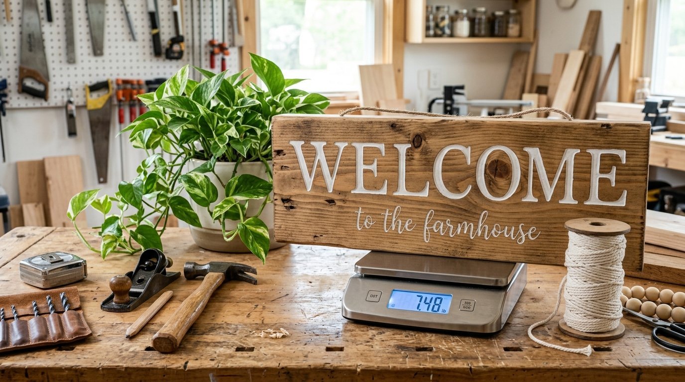 A wooden welcome sign resting on a digital scale in a workshop setting with tools and a potted plant nearby.