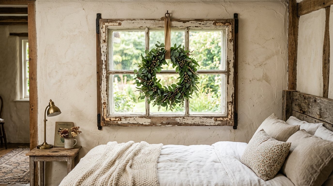 Decorative green plant wreath suspended by a ribbon over an old wooden window frame in a bedroom.
