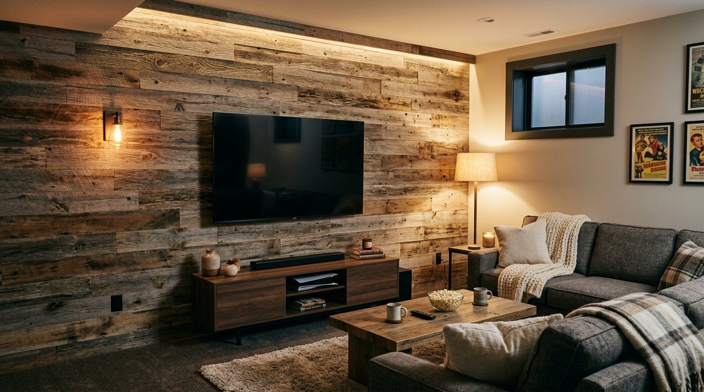 Modern basement lounge with a wood plank feature wall, flat-screen TV, grey sofa, and warm ambient lighting.