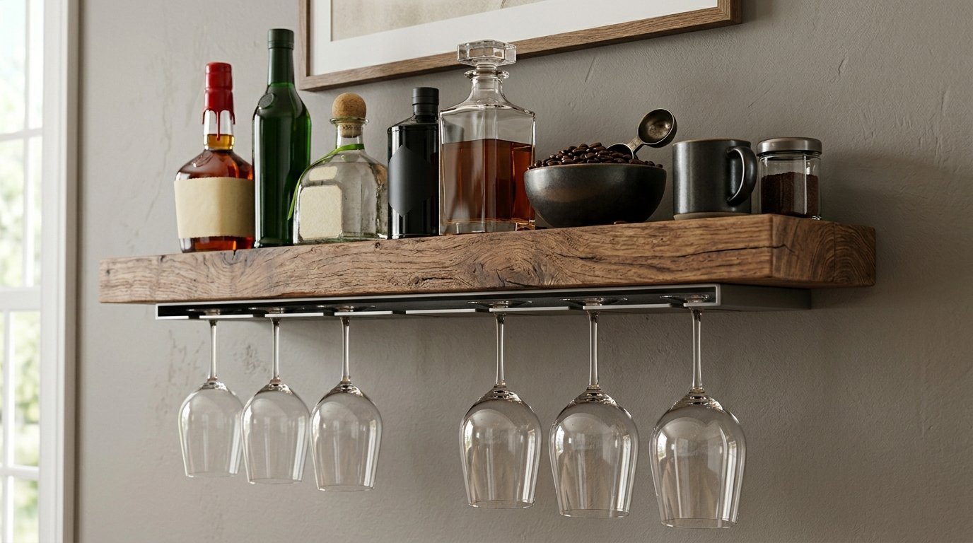 A live-edge timber wall shelf displaying assorted alcohol bottles, coffee beans, and wine glasses hanging underneath.