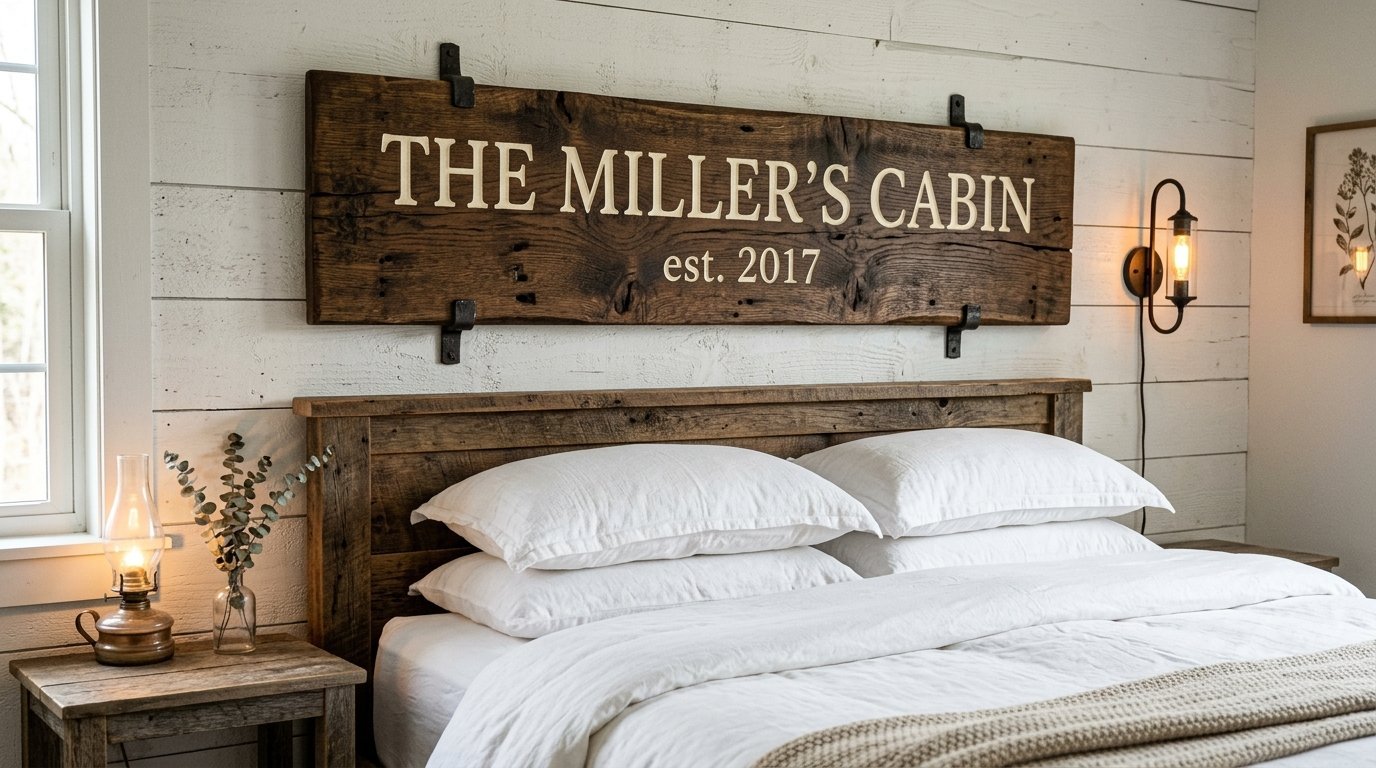 Large wooden sign mounted above a bed frame reading The Miller's Cabin est. 2017 in a white shiplap bedroom.