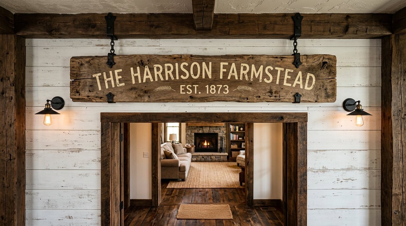 A rustic wooden sign mounted above a doorway in a white shiplap wall with farmhouse decor.
