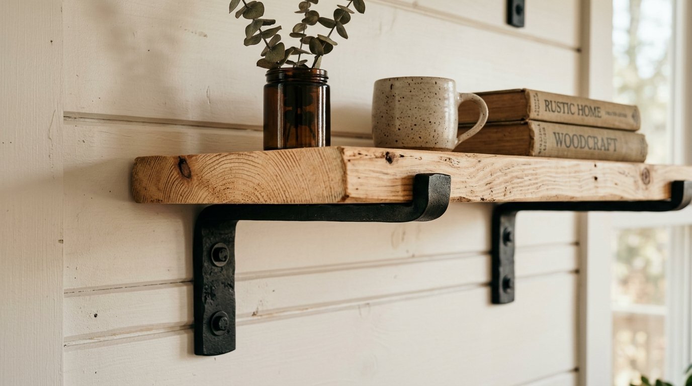 A live-edge wooden shelf mounted on white shiplap walls with a ceramic mug and two vintage books.
