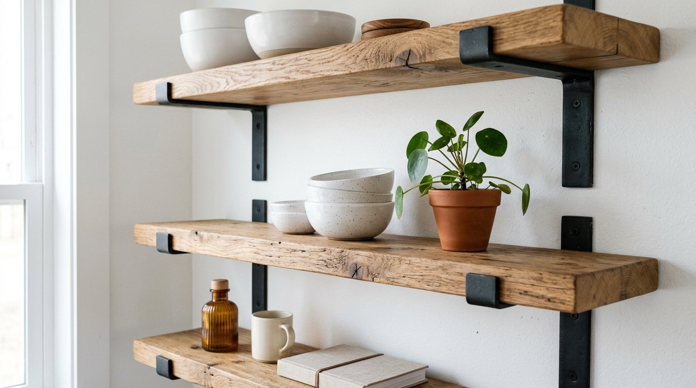 Rustic wood wall shelves with black metal brackets holding white ceramic bowls, a plant, and a glass bottle.