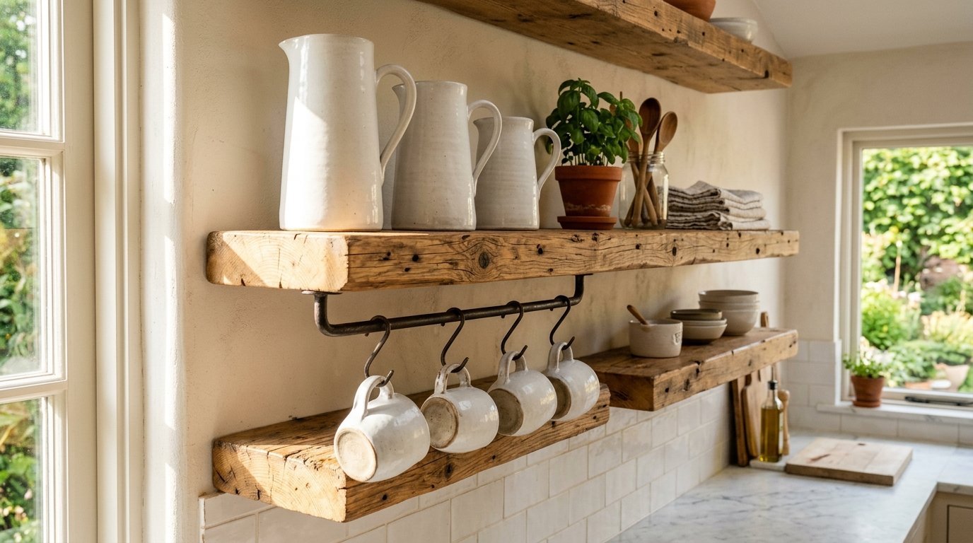 Floating timber shelves with white ceramic pitchers, a basil plant, and metal hooks for hanging mugs.