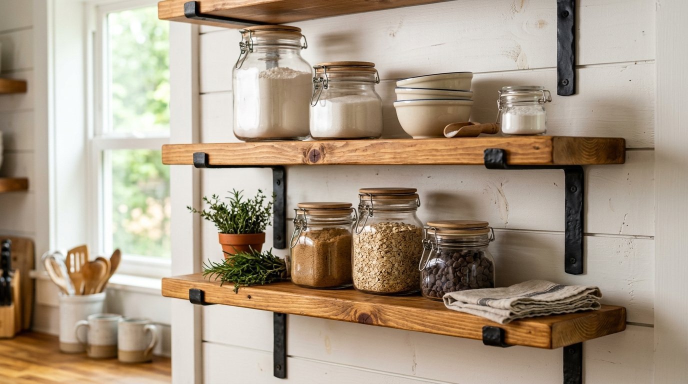 Wooden shelves mounted on white shiplap wall featuring apothecary jars with baking ingredients and small potted herbs.
