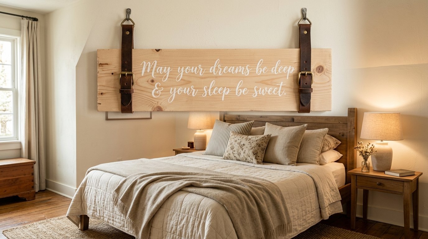 A wooden plank sign with handwritten text hanging on leather straps above a neutral colored bedroom bed.