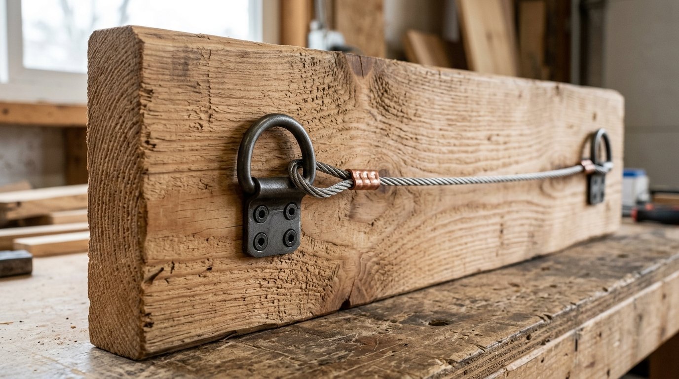 A thick piece of textured pine wood featuring two metal d-ring anchors connected by a tensioned steel wire.