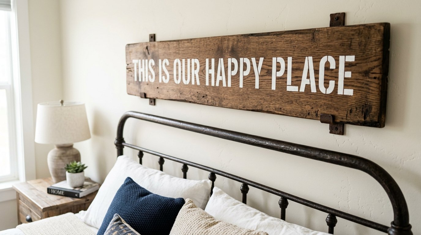 A long, weathered wooden sign mounted above a dark metal bed frame with white and navy pillows.