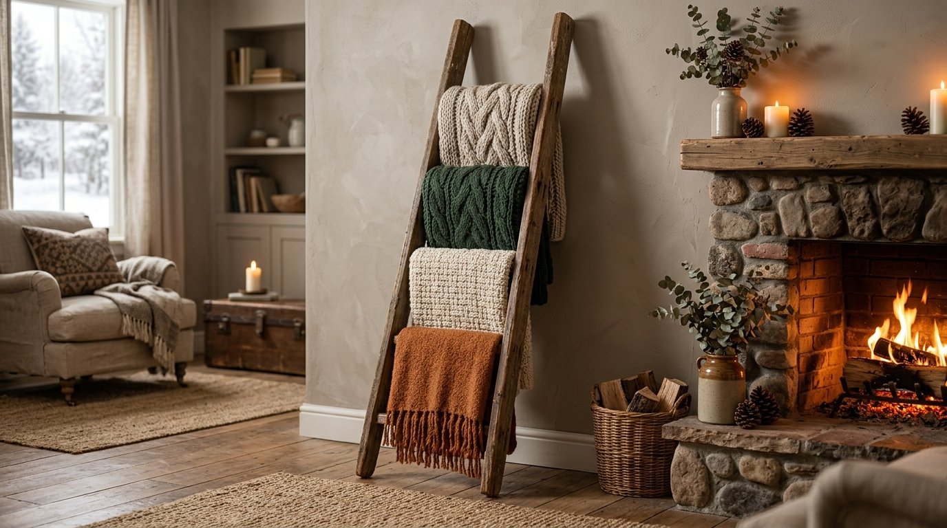 A decorative wooden ladder leaning against a wall, holding four folded knit blankets beside a lit stone hearth.