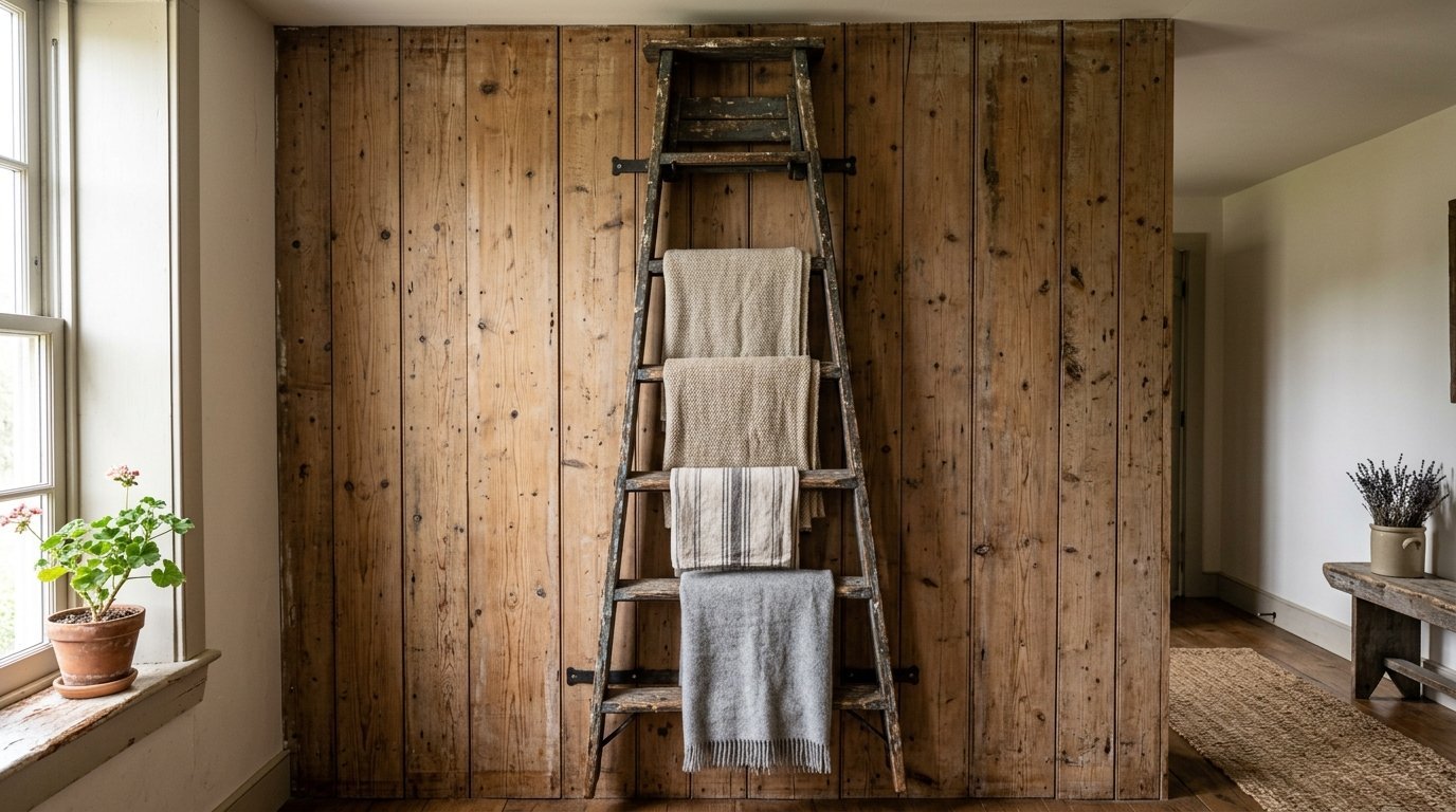 An old weathered ladder leaning against a vertical wood paneled wall holding four hanging throws.