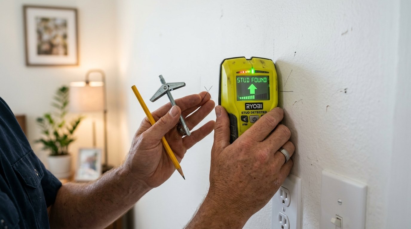 Close-up of hands using a yellow Ryobi stud finder and holding a toggle bolt anchor against a white wall.