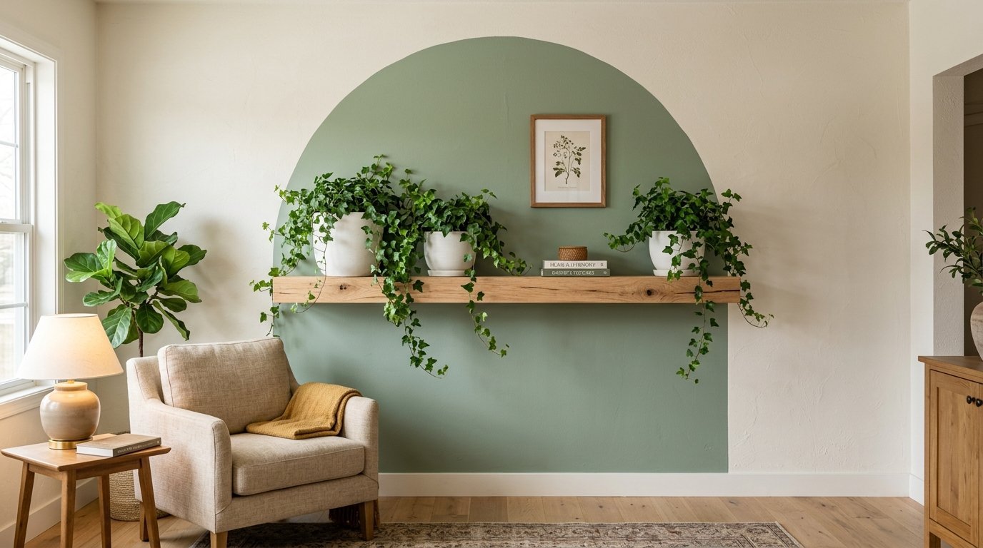 Armchair beside a wall with a sage green archway mural, floating wooden shelf, and potted trailing ivy plants.