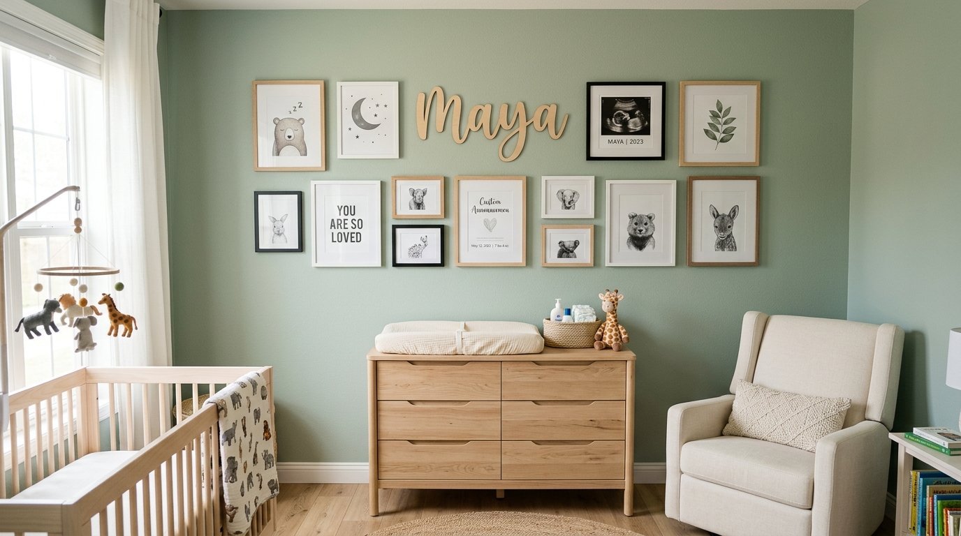 A baby nursery with a light wood dresser, cream chair, and a gallery wall featuring animal prints and a name sign.